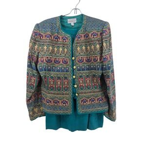 Adrianna Papell Silk Brocade Mandarin Collar Blazer Skirt Suit Teal Size 12